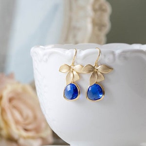 Sapphire Blue Earrings, Cobalt Blue Earrings, Gold Orchid Flower Earrings , Cobalt Blue Wedding Bridal Bridesmaid Gift September Birthstone