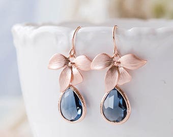 Rose Gold Navy Blue Sapphire Blue Teardrop Crystal Earrings, Rose Gold Wedding Bridal Earrings, Navy Blue Wedding Jewelry, Bridesmaid Gift