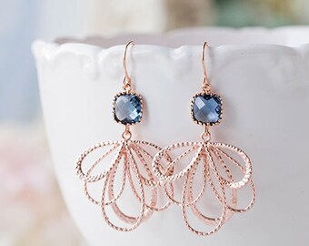 Navy Blue Rose Gold Earrings, Sapphire Blue Glass Stones Chandelier Earrings, Bridesmaid Gift, Wedding Jewelry, September Birthstone