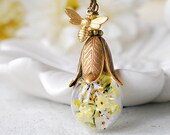 Real Yellow Flower Gold Honey Bee Necklace, Terrarium Necklace, Topaz Jewelry, Birthday Gift Christmas Gift for Mom Mother Wife Daughter
