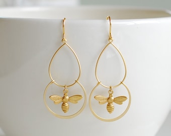 Gold Bee Earrings, Bee Dangle Earrings, Chandelier Earrings, Bee Jewelry, Unique Gift for Bee Lovers