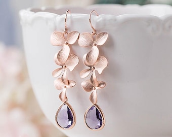 Amethyst Purple Crystal Rose Gold Orchid Flower Long Dangle Earrings, Purple Wedding Bridal Earrings, Bridesmaid Gift, February Birthstone