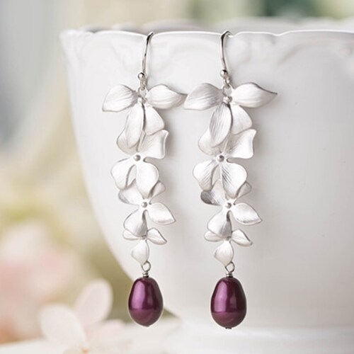 Silver Flower Dangle Earrings Bridal Earrings Plum Eggplant Purple Wedding Teardrop Pearl Earrings Swarovski Blackberry Pearl Earrings