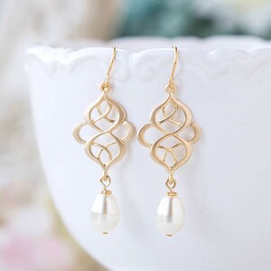 Matte Gold Celtic Knot Earrings Filigree Cream White Teardrop Pearl Dangle Earrings Wedding Bridal Earring Eternity infinity jewelry image 1