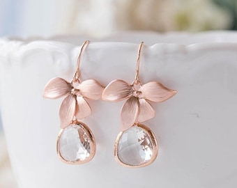 Rose Gold Earrings, Bridal Earrings, Rose Gold Wedding Jewelry, Bridesmaid Earrings Gift, Orchid flower Clear Crystal, April Birthstone