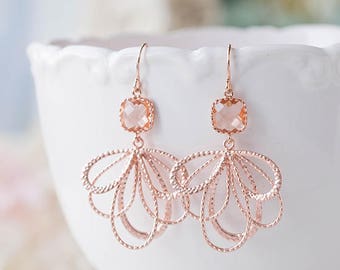 Peach Champagne Rose Gold Dangle Earrings, Peach Wedding Bridal Earrings, Bridesmaid Earrings, Rose Gold Wedding Earrings, Bridesmaid Gift