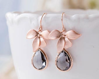 Gray Glass Teardrop Rose Gold Orchid Flower Dangle Earrings, Rose Gold Jewelry, Bridesmaid Gift, Birthday Gift for wife, Gift for Mom,