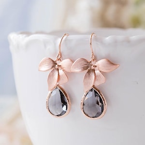 Gray Glass Teardrop Rose Gold Orchid Flower Dangle Earrings, Rose Gold Jewelry, Bridesmaid Gift, Birthday Gift for wife, Gift for Mom, image 1