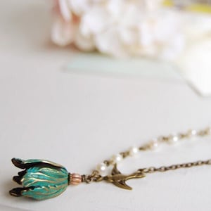 Tulip Necklace. Verdigris Patina Brass Tulip Petal necklace. Tulip with Swallow Bird White Pearls Necklace. birthday Gift for mom daughter