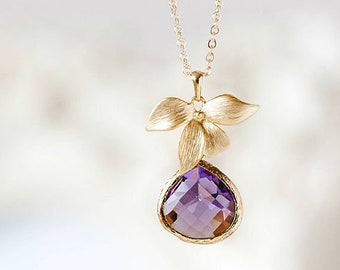 Amethyst Purple Necklace with Gold orchid Flower, Purple Wedding Jewelry, Bridesmaid Gift, February Birthstone, Birthday Gift for her