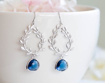 Navy Blue Silver Laurel Wreath Earrings, Sapphire Earrings, Navy Blue Wedding Jewelry, September Birthstone, Bridal Party Bridesmaid Gift