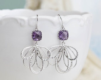Purple Earrings, Amethyst Purple Glass Silver Fan Shape Filigree Earrings, Purple Wedding Jewelry, Bridesmaid Gift, February Birthstone