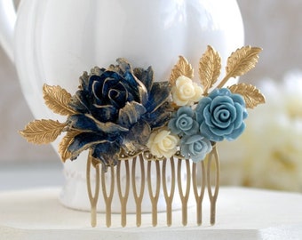 Navy Blue Bridal Hair Comb, Gold Navy Blue Wedding, Something Blue Wedding, Flower Hair Comb, Gold Dusky Blue Ivory Rose Gold Leaf Hair Comb