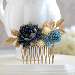 Navy Blue Bridal Hair Comb, Gold Navy Blue Wedding, Something Blue Wedding, Flower Hair Comb, Gold Dusky Blue Ivory Rose Gold Leaf Hair Comb image 1