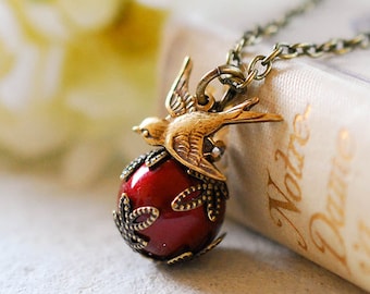 Wine Red Pearl Swallow Bird Necklace, Pearl Pendant Necklace, Bird Charm Necklace, Vintage Style, Gift for Mom Wife Girlfriend