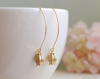 Lily of the Valley Earrings. Matte Gold Lily of The Valley Flower Long Dangle Earrings. Everyday Earrings, Gift for Mom Sister Aunt