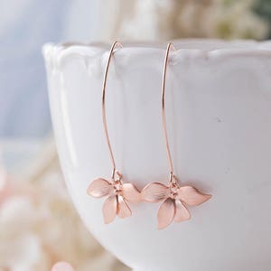 Rose Gold Orchid Flower Long Dangle Earrings. Rose Gold Wedding Bridal Earrings, Bridesmaid Earrings, Maid of Honor Gift, Gift for her