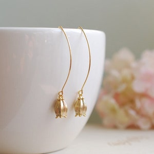 Lily of the Valley Earrings. Matte Gold Lily of The Valley Flower Long Dangle Earrings. Everyday Earrings, Gift for Mom Sister Aunt