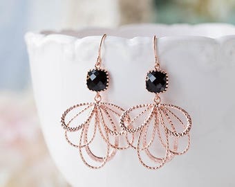 Black Onyx Rose Gold Earrings, Jet Black Glass Crystal Stones Rose Gold Filigree Earrings, Bridesmaid Gift, Mothers Day gift, Gift for wife