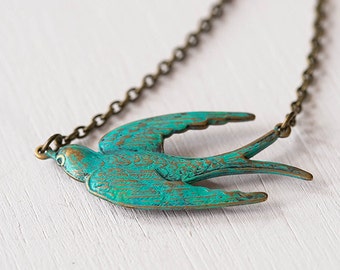 Bird Necklace, Swallow Necklace, Verdigris Patina Green Blue Bird Pendant Necklace, Bird Jewelry, Boho Chic Bohemian, Birthday gift