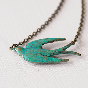 Bird Necklace, Swallow Necklace, Verdigris Patina Green Blue Bird Pendant Necklace, Bird Jewelry, Boho Chic Bohemian, Birthday gift