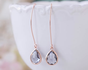 Rose Gold Grey Glass Crystal Long Dangle Earrings Wedding Jewelry Bridesmaid Gift Gray Earrings Rose Gold Jewelry Bridal Party Gift for her