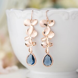 Rose Gold Earrings, Navy Blue Wedding Bridal Earrings, Bridesmaid Earrings, Orchid Flower Sapphire Blue Long Dangle Earrings, Gift for women image 1