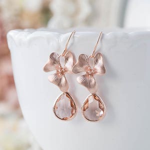 Rose Gold Earrings, Orchid Flower Peach Glass Earrings, Rose Gold Jewelry, Peach Wedding Earrings, Gift for wife girlfriend Bridesmaid