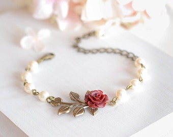 Red Rose Flower Brass Leaf Branch Beaded Cream Ivory Pearl Bracelet, Flower Girl Gift, Bridesmaid Bracelet, Wedding Jewelry, Gift for Her