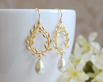 Gold Laurel Wreath Bridal Earrings: Ivory Pearl Wedding Jewelry