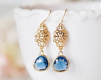 Navy Blue Gold Filigree Earrings, Sapphire Blue Earrings, Something Blue Navy Blue Wedding Jewelry, Bridesmaid Gift, September Birthstone