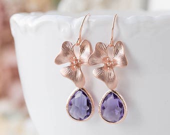 Amethyst Purple Earrings, Rose Gold Earrings, February Birthstone, Rose Gold Jewelry, Orchid Flower Dangles, Purple Wedding, Bridesmaid Gift