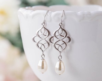 Silver Celtic Knot Earrings, Bridal Earrings, Wedding Jewelry, Silver Filigree Cream White Teardrop Pearl Dangle Earrings, infinity jewelry