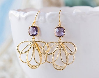 Purple Earrings, Amethyst Earrings, February Birthstone, Birthday Gift for Women, Gold Dangle Earrings, Purple Wedding Bridesmaid Earrings