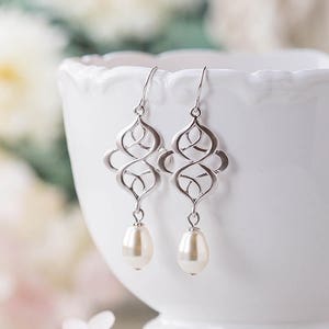 Silver Celtic Knot Earrings, Bridal Earrings, Wedding Jewelry, Silver Filigree Cream White Teardrop Pearl Dangle Earrings, infinity jewelry