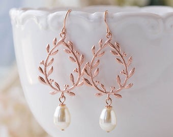 Rose Gold Bridal Earrings, Bridesmaid Earrings, Rose Gold Wedding Jewelry, Cream White Pearls Leaf Laurel Wreath Earrings, Bridesmaids Gift