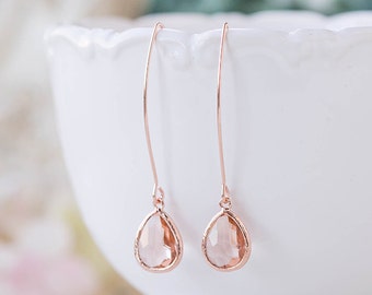 Rose Gold Peach Champagne Earrings, Rose Gold Wedding Bridal Earrings, Peach Wedding Jewelry, Bridal Party Bridesmaid Gift, Gift for Her