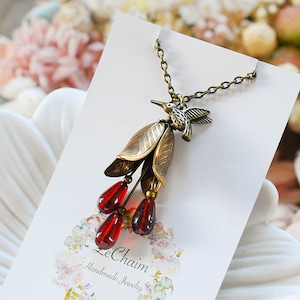 Hummingbird Necklace, Brass Tulip, Garnet Ruby Red, Humming Bird Jewelry, January July Birthday Gift, Birthstone Jewelry, Gift for Her