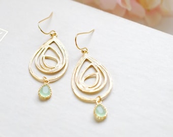 Gold Swirl Drop Pendant Mint Glass Drop Earrings. Sister Mother Gift, Wedding Bridal Earrings, Bridesmaids Gift, Modern Everyday Jewelry