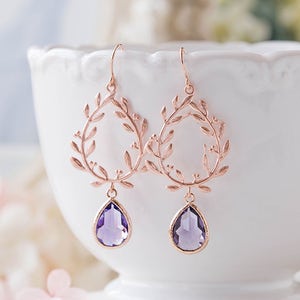 Rose Gold Amethyst Purple Crystal Earrings, Rose Gold Wedding Bridal Earrings, Purple Wedding Jewelry, Bridesmaid Gift, Laurel Wreath