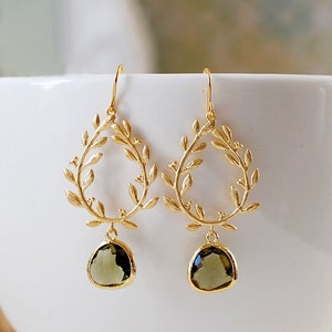 Dark Olive Green Gold Leaf Laurel Wreath Dangle Earrings, Olivine Wedding Jewelry, Gift for Mom wife girlfriend Sister
