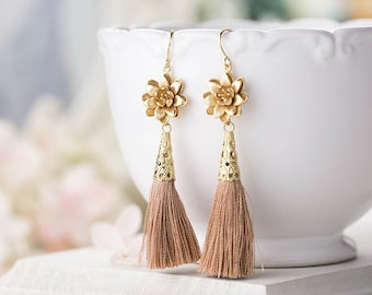 Tassel Earrings, 16K Gold Lotus Flower Tan Beige Silk Tassel Earrings Long Dangle Bohemian Boho Chic Yoga Yogi Jewelry Wife Mom Gift