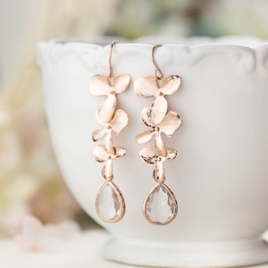Bridal Earrings Rose Gold Earrings Clear Crystal Earrings Bridesmaid Earrings Wedding Jewelry Orchid Flower Long Dangle Earrings