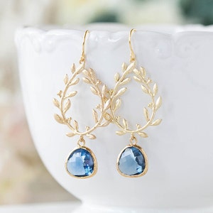 Sapphire Earrings, Gold Laurel Wreath Earrings, Navy Blue Wedding Earrings, Bridesmaid Earrings, September Birthstone Jewelry, Gift for Her