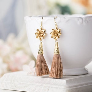 Tassel Earrings, 16K Gold Lotus Flower Tan Beige Silk Tassel Earrings Long Dangle Bohemian Boho Chic Yoga Yogi Jewelry Wife Mom Gift