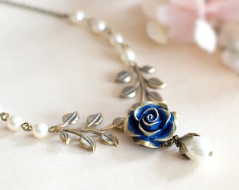 Dark Blue Navy Rose Flower Brass Leaf Branch Ivory Cream Pearl Necklace, Gold Navy Blue Bridal Necklace, Something Blue Woodland Wedding