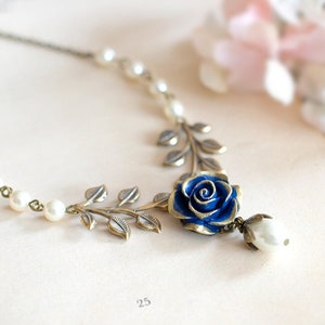 Dark Blue Navy Rose Flower Brass Leaf Branch Ivory Cream Pearl Necklace, Gold Navy Blue Bridal Necklace, Something Blue Woodland Wedding