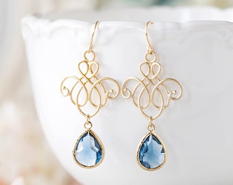 Navy Blue Earrings, Gold Navy Something Blue Wedding Earrings, Bridesmaid Earrings, Sapphire Montana Blue Drop Earrings, Chandelier Earrings