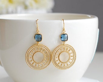 Montana Blue Glass Gold Round Filigree Earrings. Gold Dangle Earrings, Dark Blue Navy Blue Earrings, Boho Earrings, Bohemian Earrings