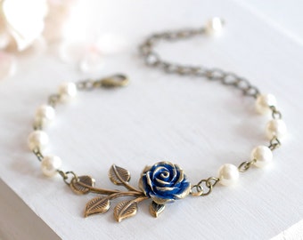 Navy Blue Wedding Bridal Bracelet Dark Blue Rose Flower Brass Leaf Branch Beaded Cream Ivory Pearl Bracelet Flower Girl Bridesmaid Bracelet